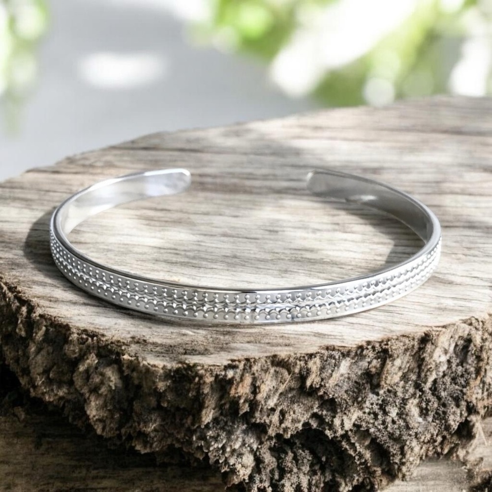Shiny Sterling Silver Scalloped Open Cuff Bangle Handmade - 5.6mm Wide